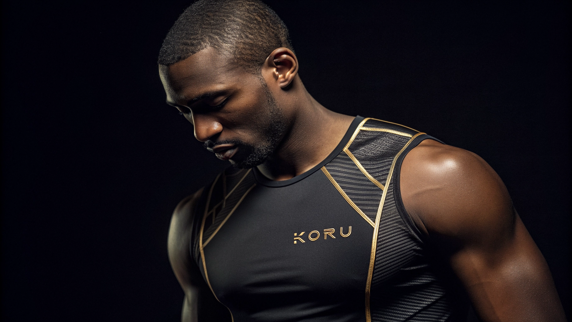 Homem atlético em ambiente escuro e sofisticado, performance wear KORYU